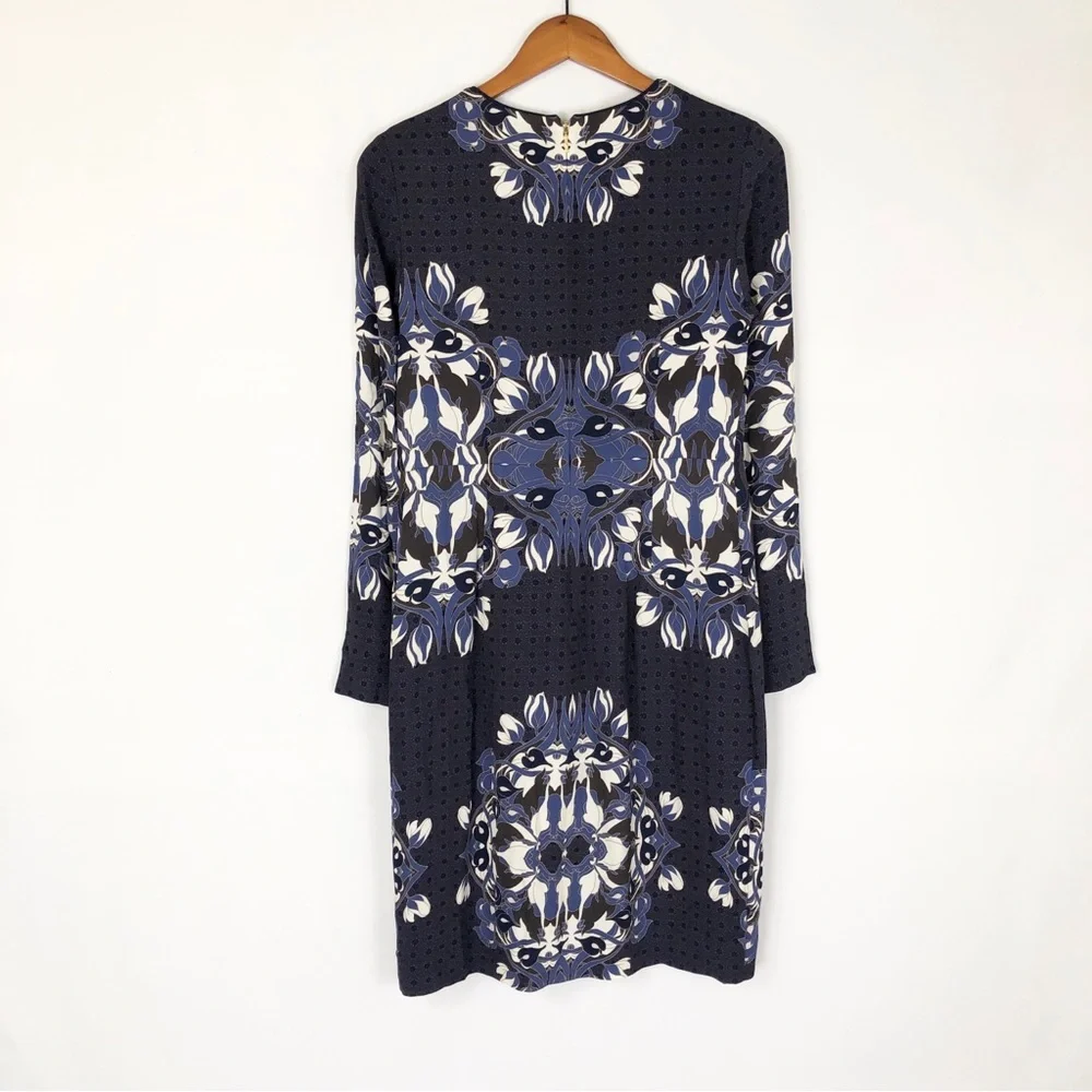 Tory Burch Flavia Floral Mini Dress Long Sleeve Jersey Stretch Size 6 Blue White